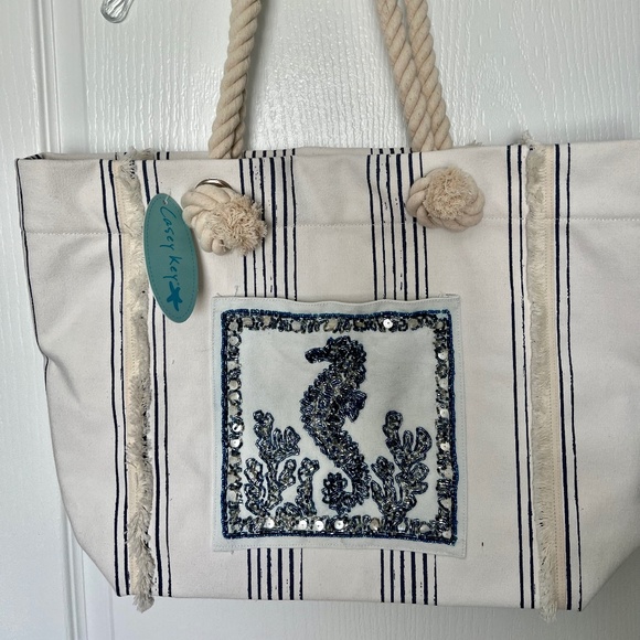 NWT Casey Key Canvas Tote Bag with Beaded Seahorse and Coral - Picture 2 of 4